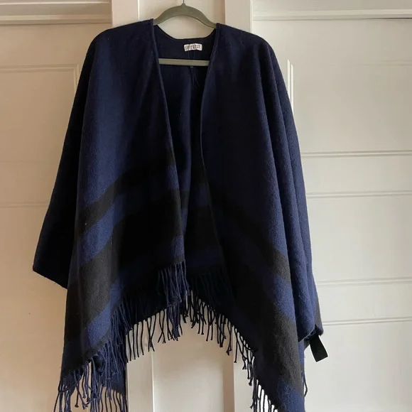 Claudie Pierlot black and blue stripe and fringe cape style poncho cover-up OS - Picture 2 of 4